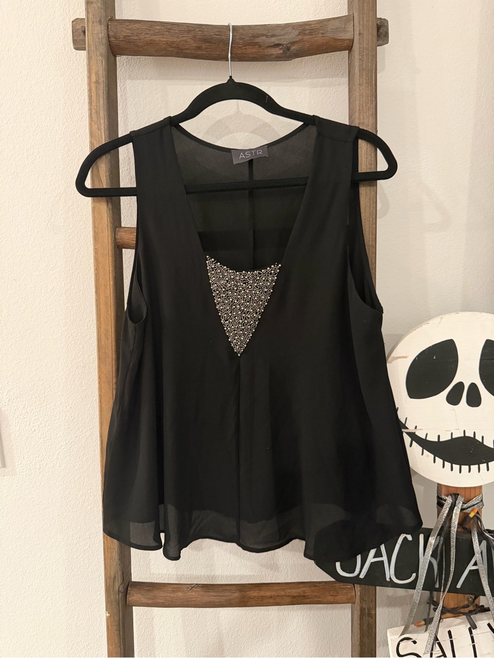 Astr Black Sleeveless Camisole with Beaded Triangle Inset